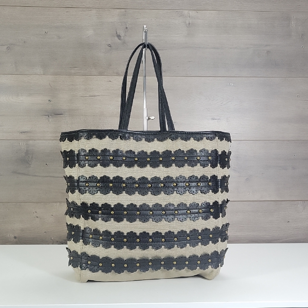 Miss Albright Black Floral Trim Leather Tote Bag